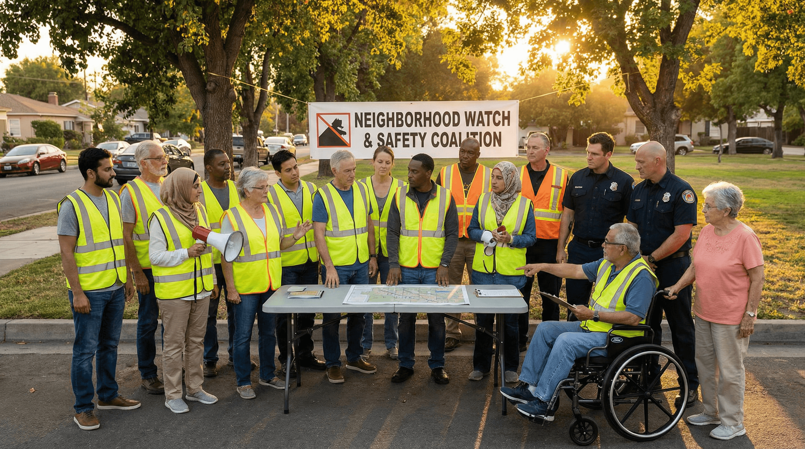 Diverse community safety volunteers working together at golden hour