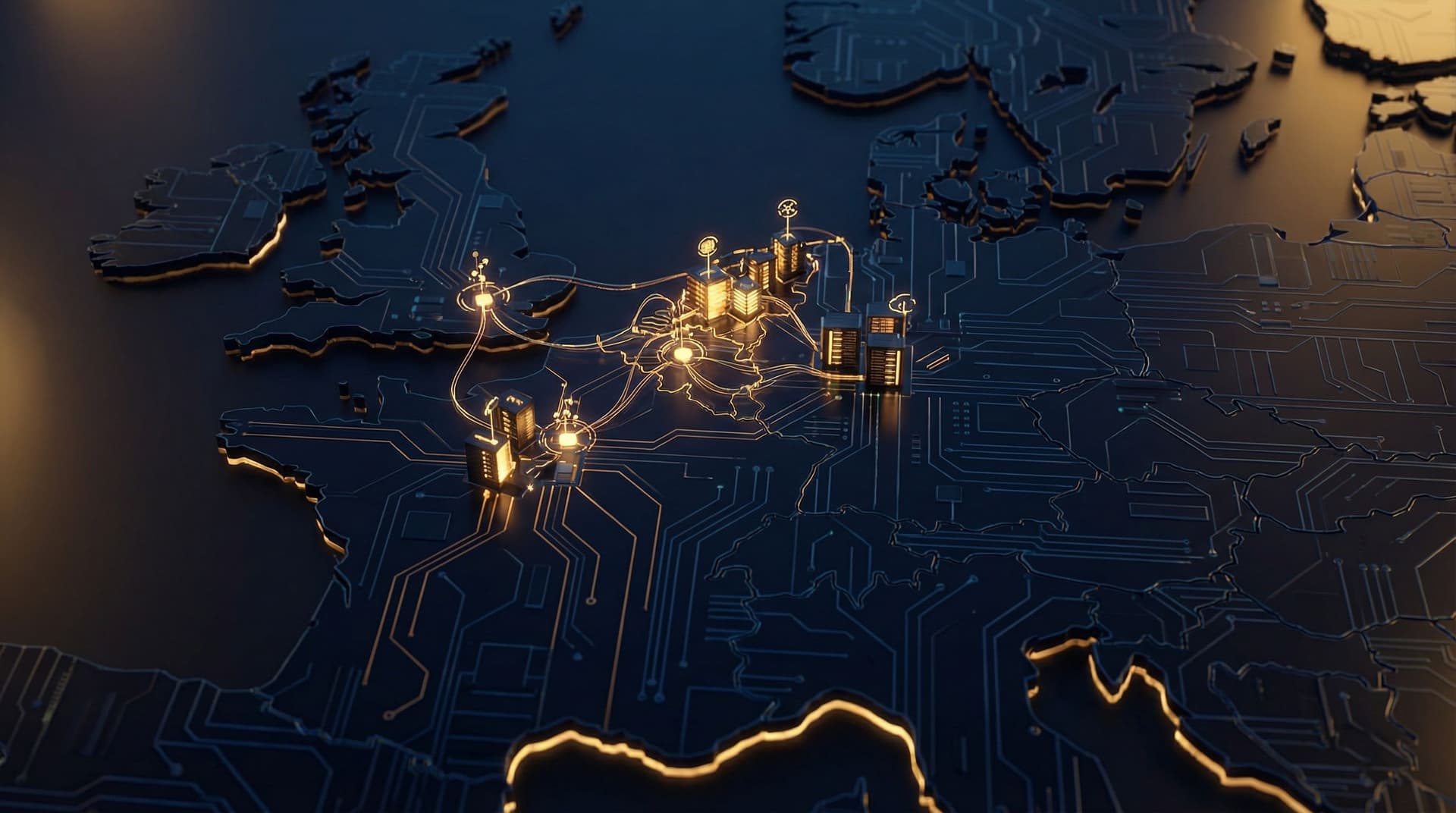 Abstract visualization of European data center infrastructure with glowing nodes in the Netherlands