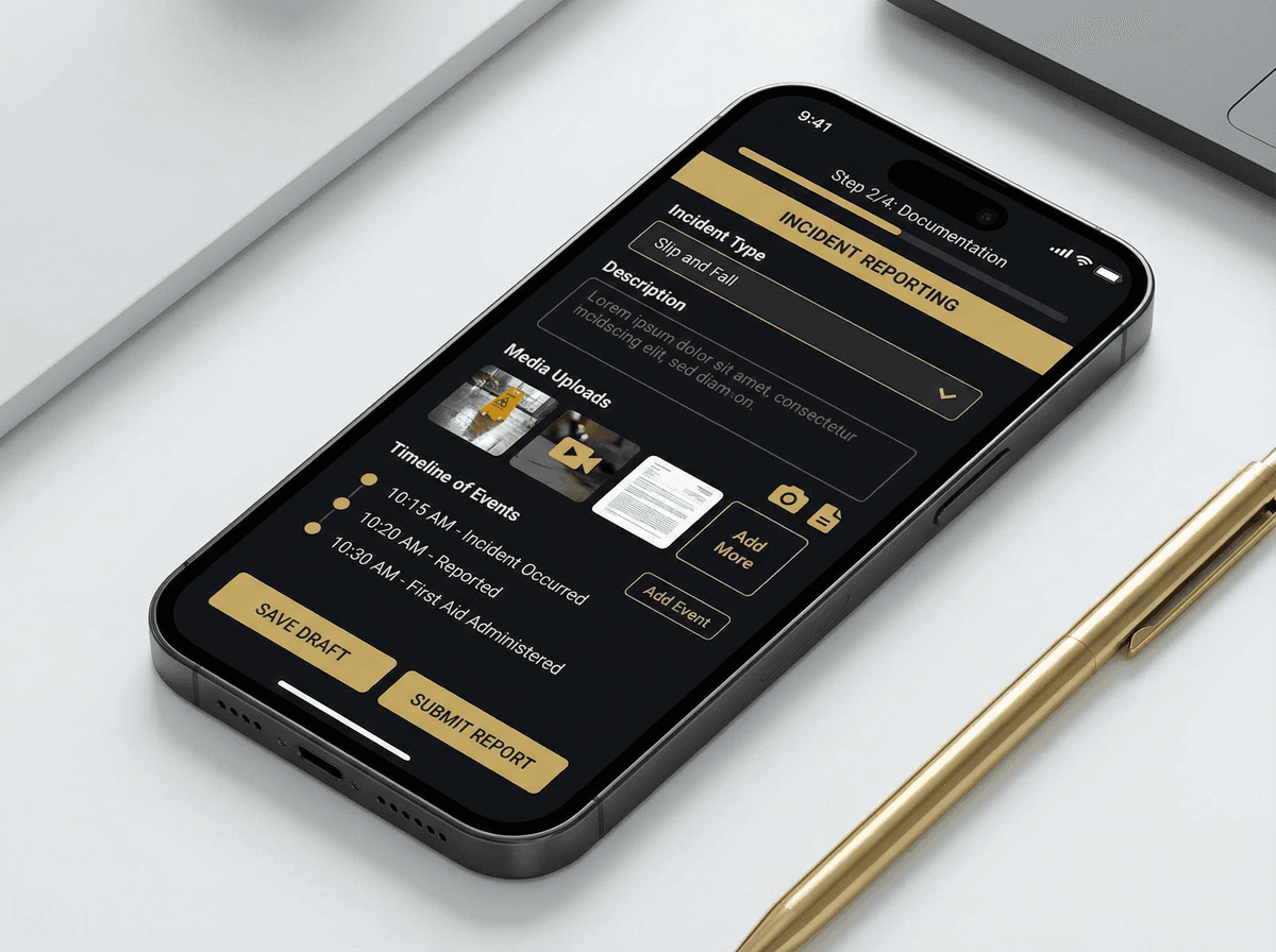 Comprehensive incident documentation form with photo/video uploads, incident timeline, and evidence collection