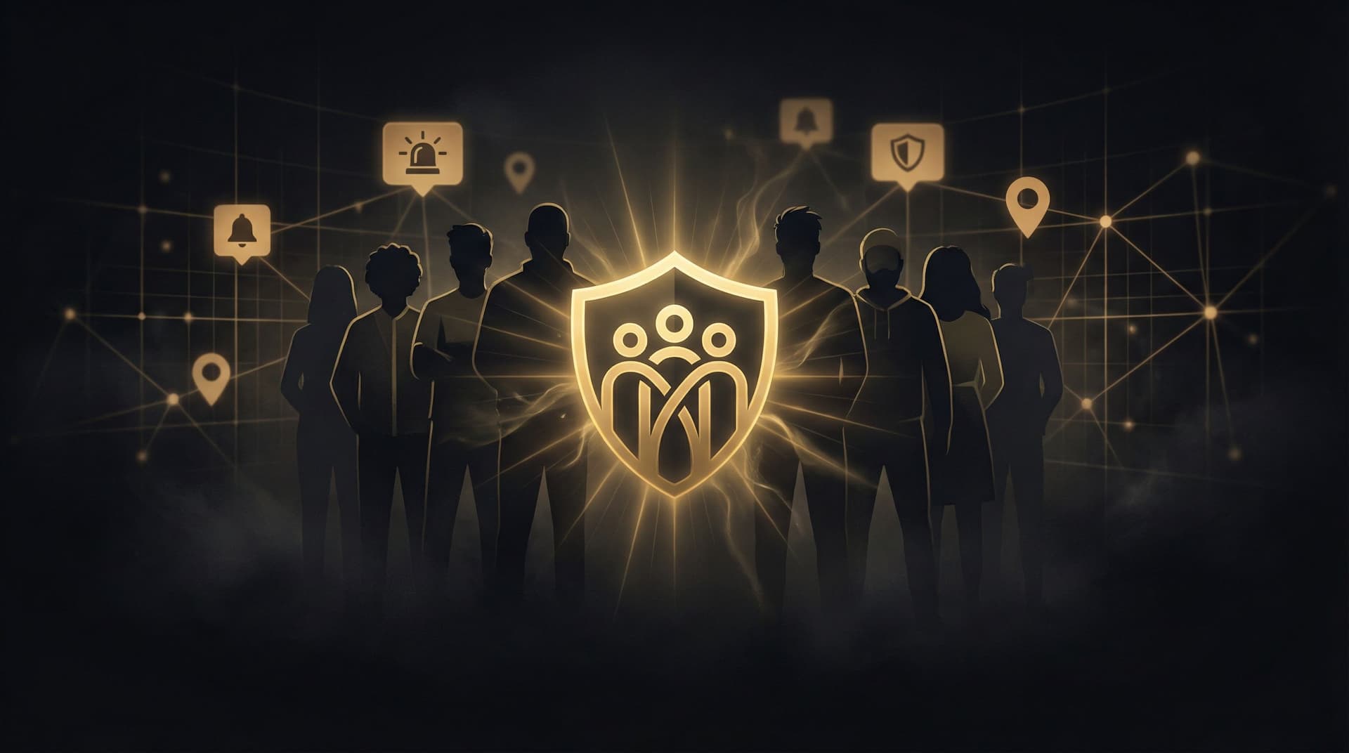 Golden shield emblem radiating protection over a connected community safety network