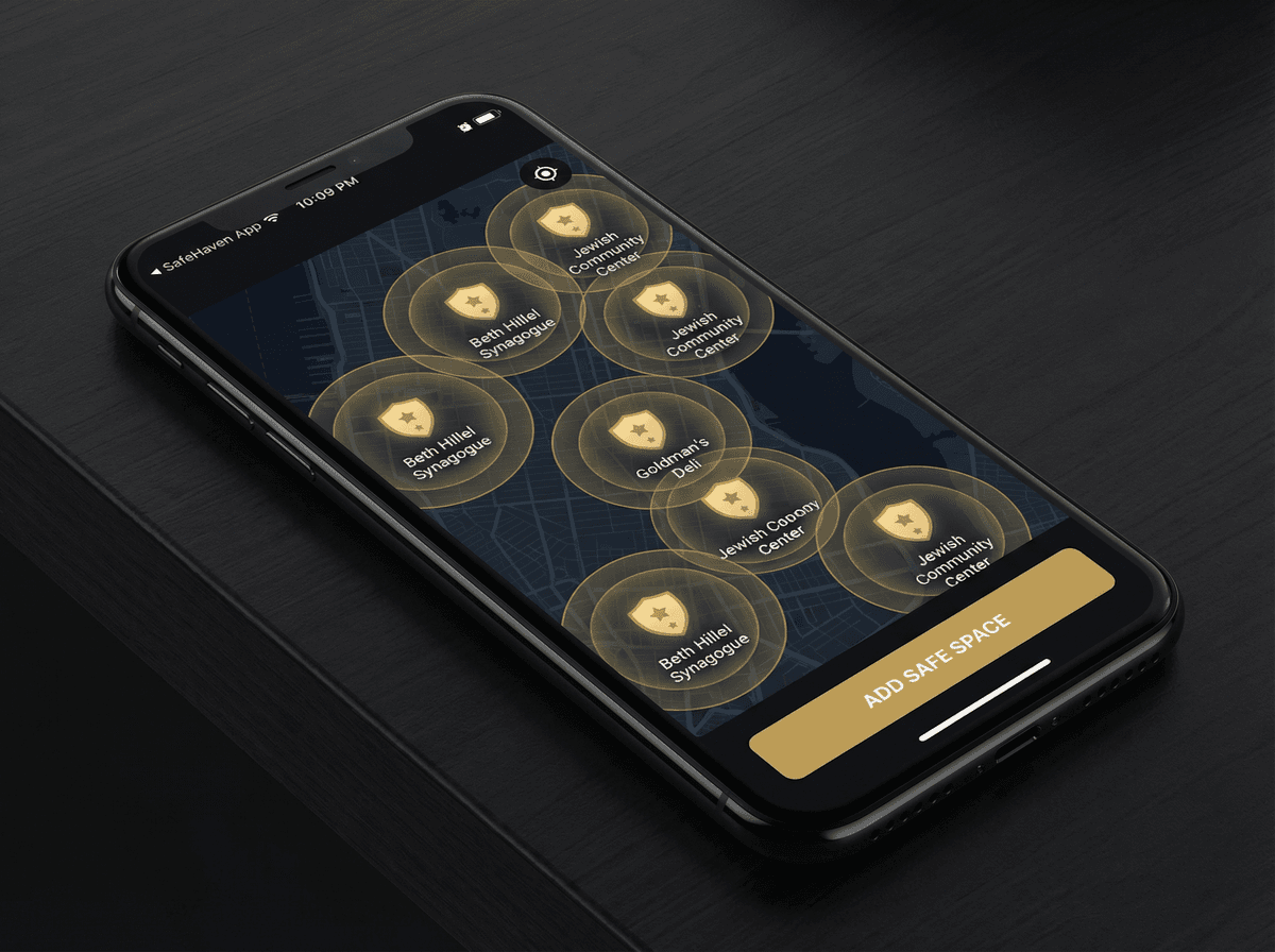 Vouch rally points map showing golden shield markers on businesses, synagogues, and community centers