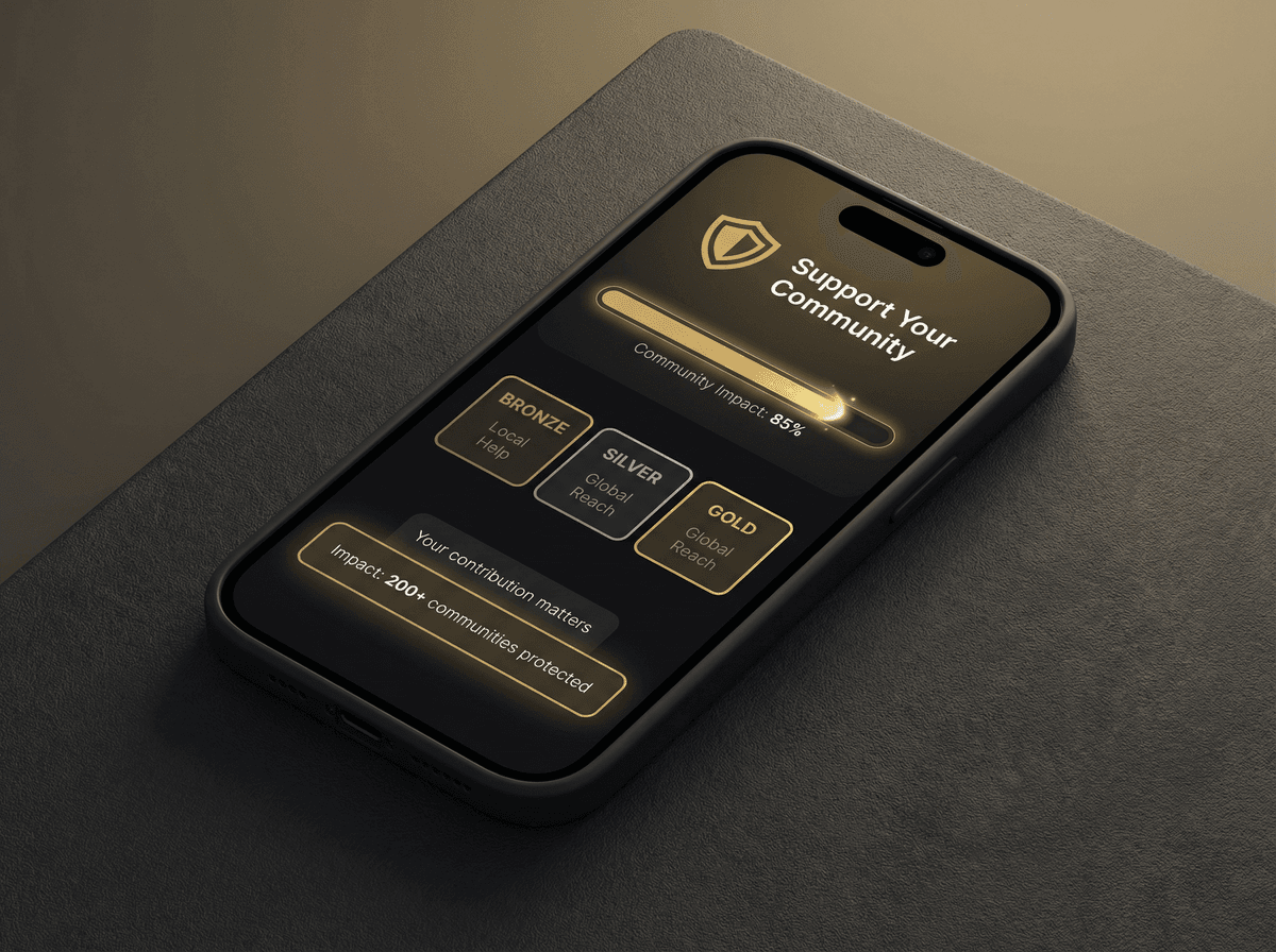 Vouch community support dashboard showing impact metrics and donation tiers