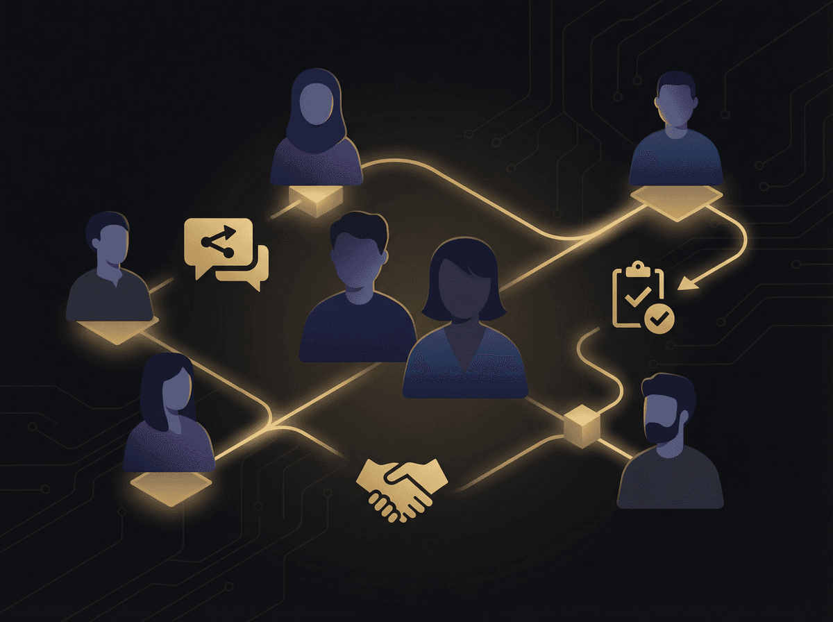 Community members connected by a glowing network, illustrating how sharing and partnerships strengthen Vouch