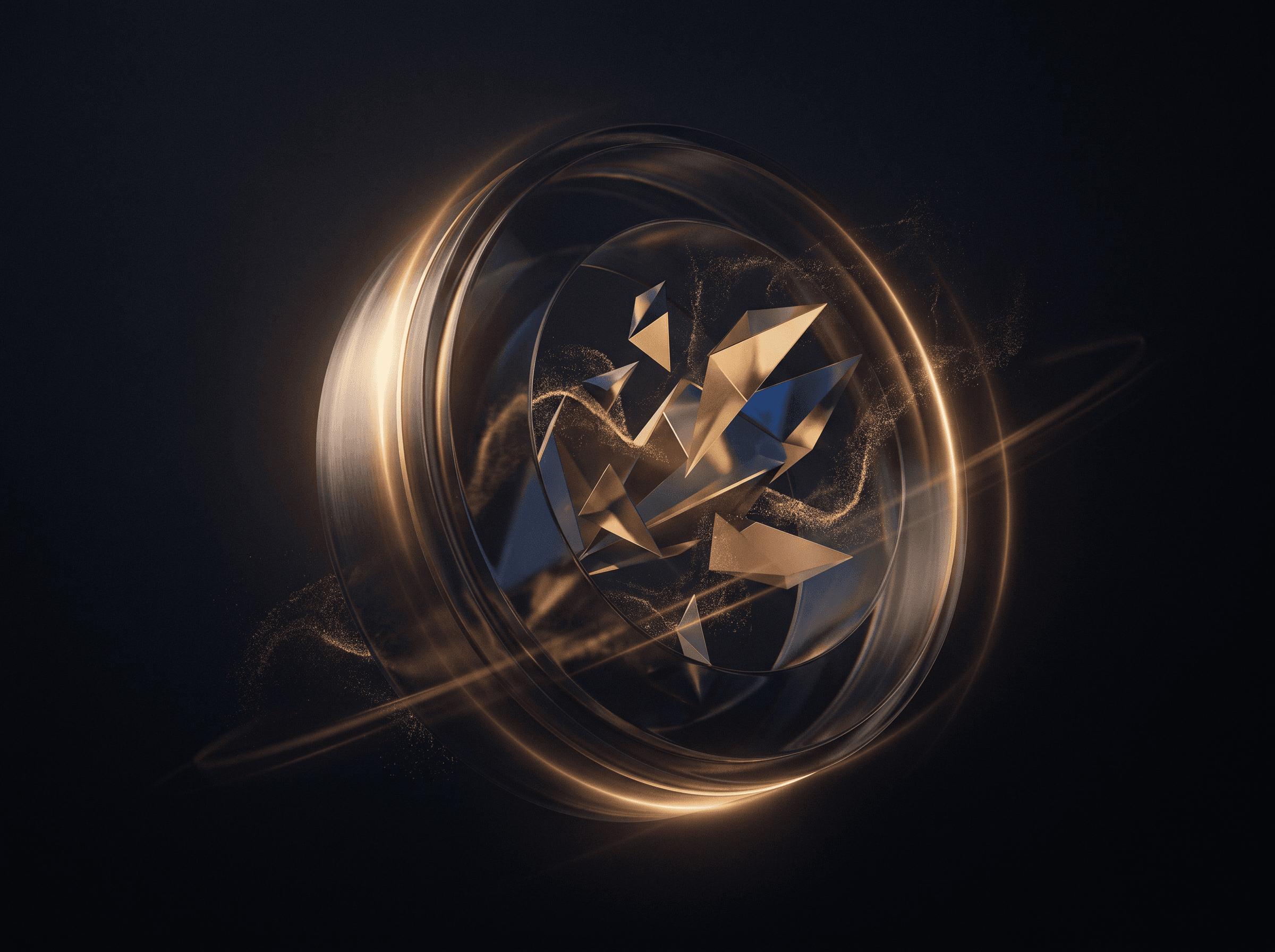 Abstract magnifying lens with gold-rimmed light refracting geometric fragments, symbolizing clarity and scrutiny on a dark background.