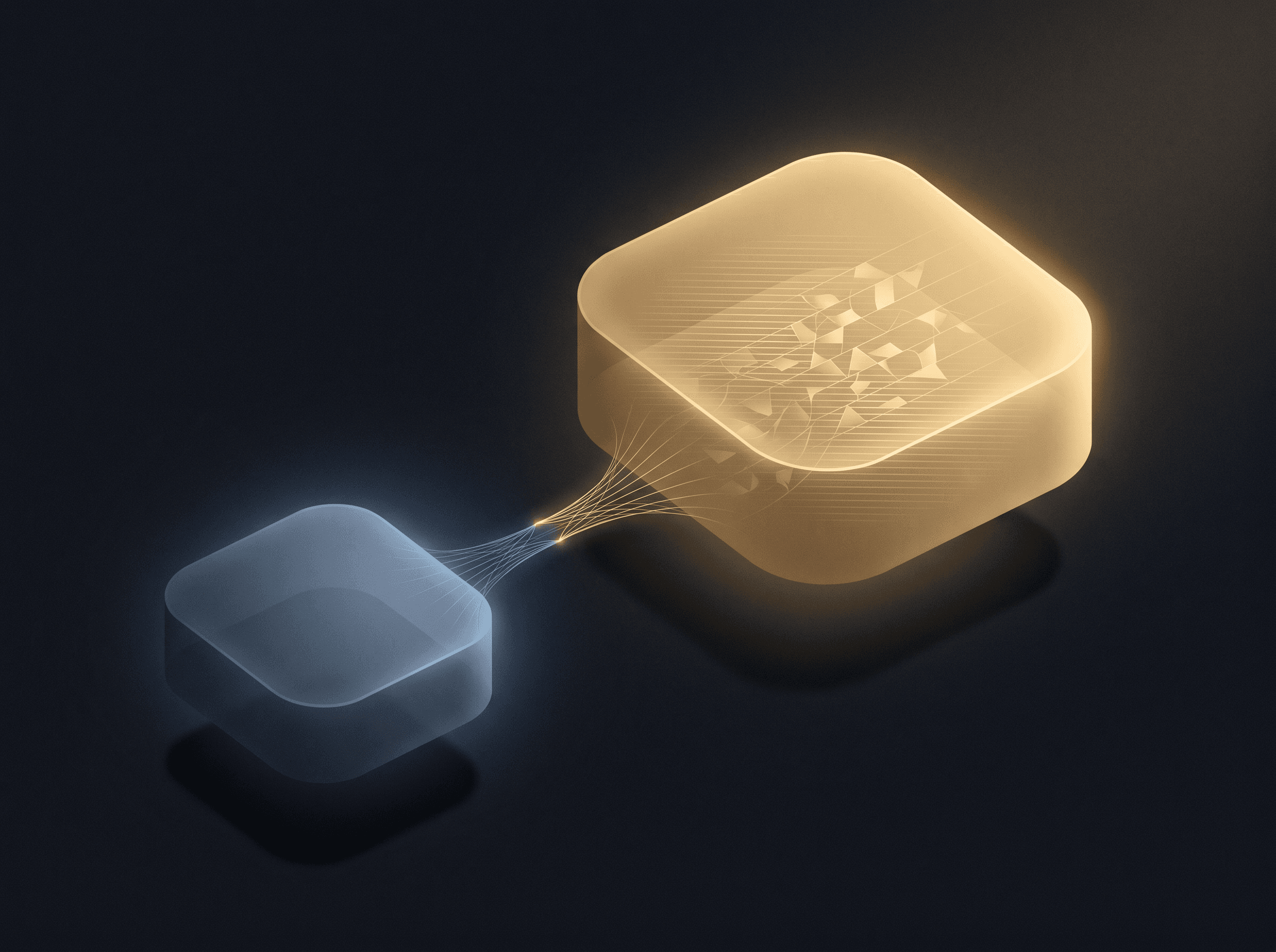 Two abstract geometric speech-bubble forms in dialogue, a smaller cool-toned form receding and a larger gold form advancing with internal luminous structure.