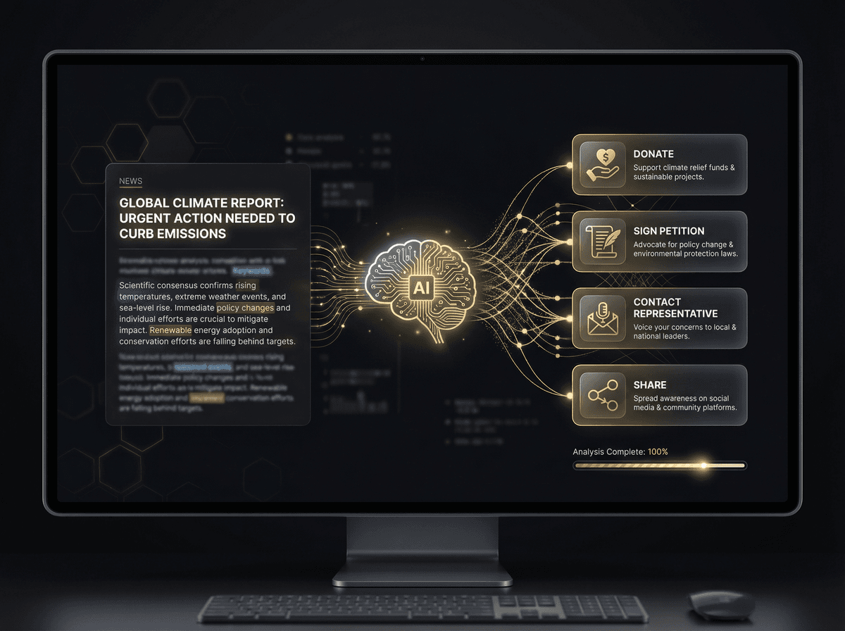 AI interface analyzing a news article and generating actionable suggestions like donate, sign petition, and contact representatives