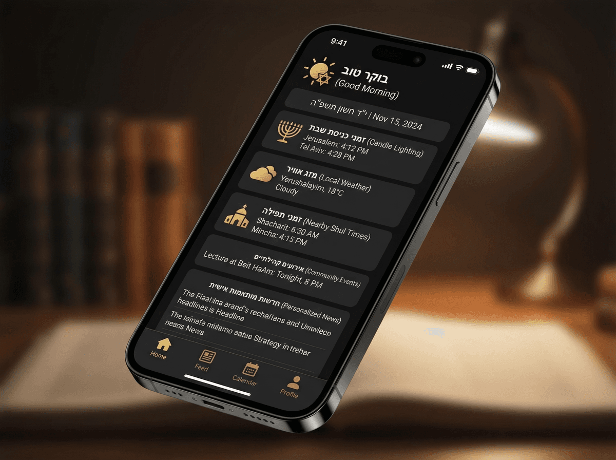 Personalized Jewish daily dashboard showing weather, shul times, community events, and local news