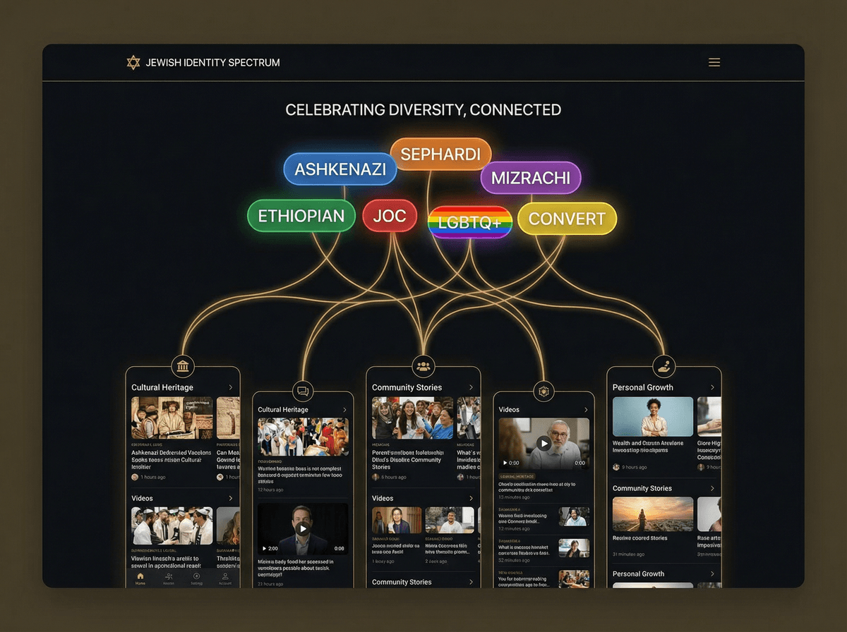 Diverse Jewish identity spectrum showing Ashkenazi, Sephardi, Mizrachi, Ethiopian, JOC, and LGBTQ+ personalized content streams