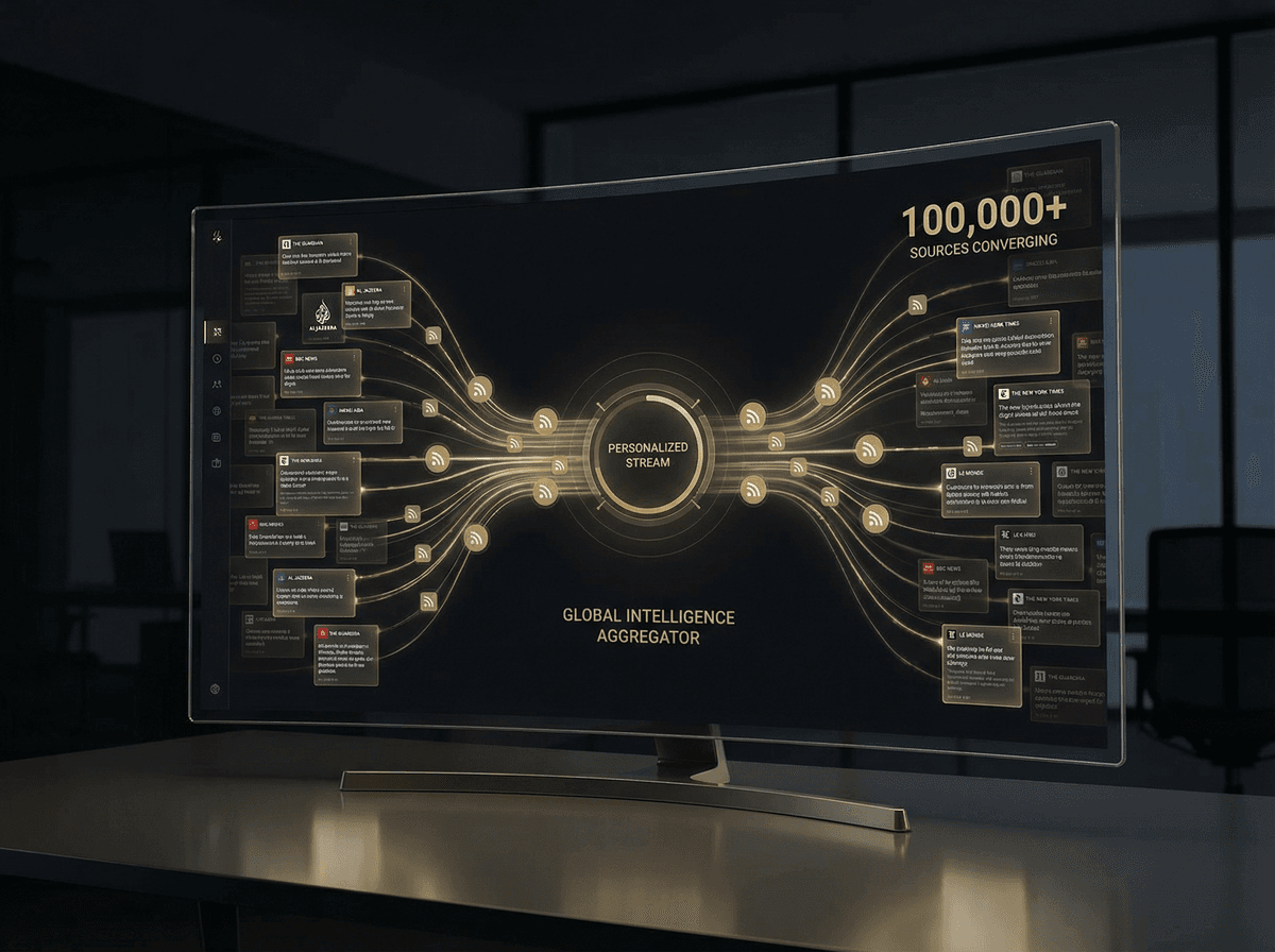 News aggregation dashboard showing 100,000+ global sources streaming into a personalized feed
