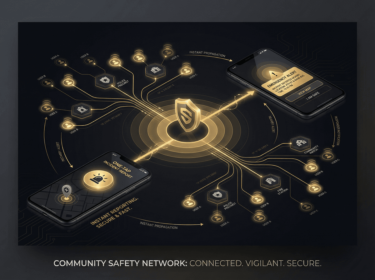 Community safety network showing one-tap reporting connecting to nearby community members and organizations