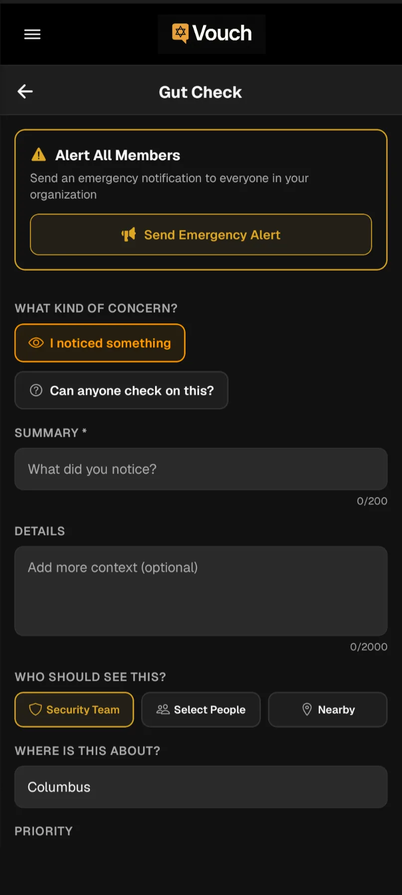 Gut Check screen with an Alert All Members button, concern types, and a choice of who sees it: Security Team, Select People, or Nearby