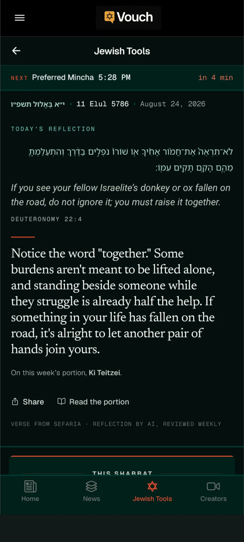 Jewish tools screen with a prayer time countdown, the Hebrew date, and a Torah portion reflection