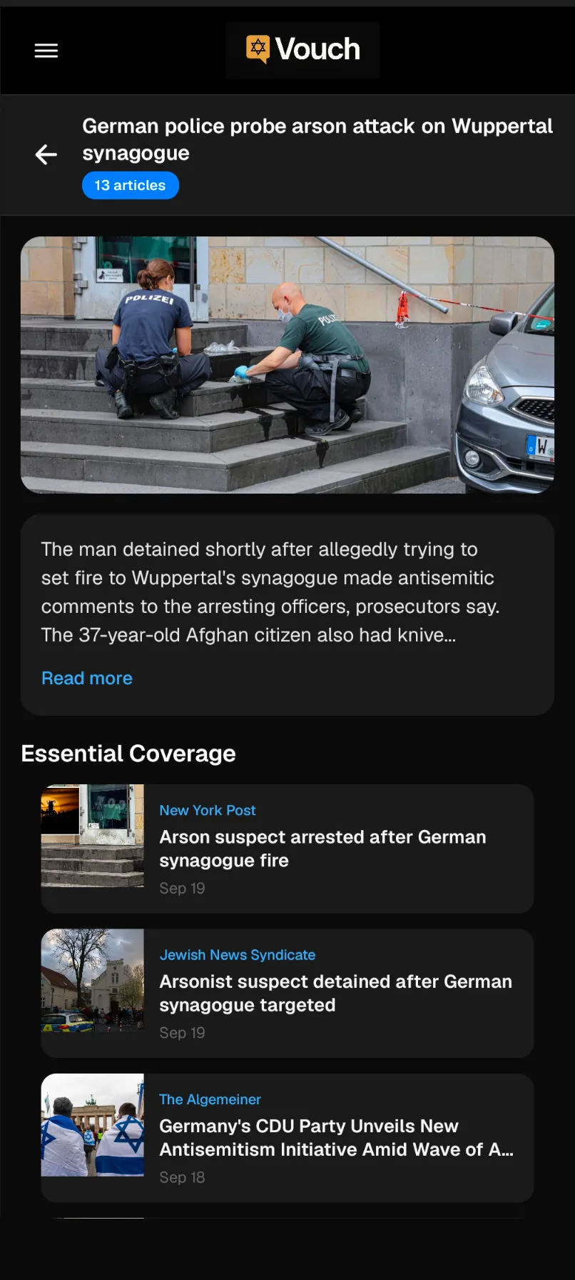 News story about an arson attack on a synagogue in Wuppertal, Germany, with its article count and essential coverage from several outlets